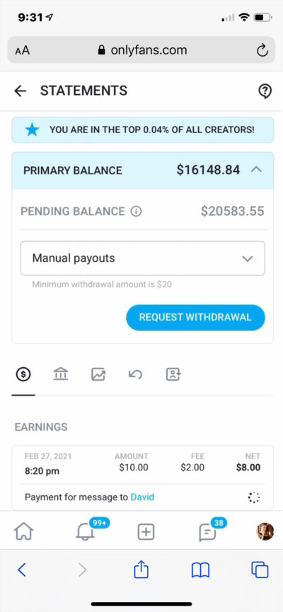 Earnings of an onlyfans collaboration contract with Aroa Agency